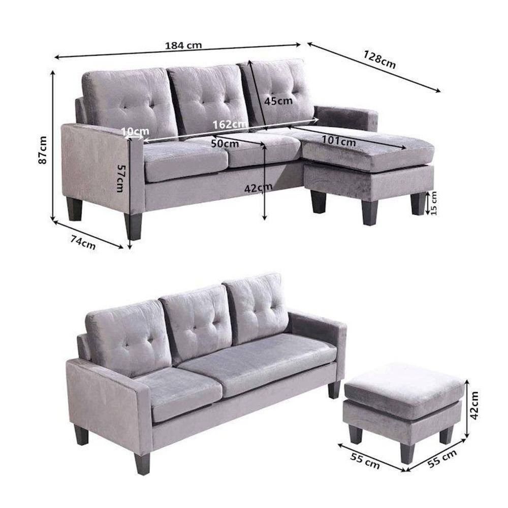 Portland 3 Seater Black Velvet L Shape Reversible Corner Sofa with Ottoman - image 4