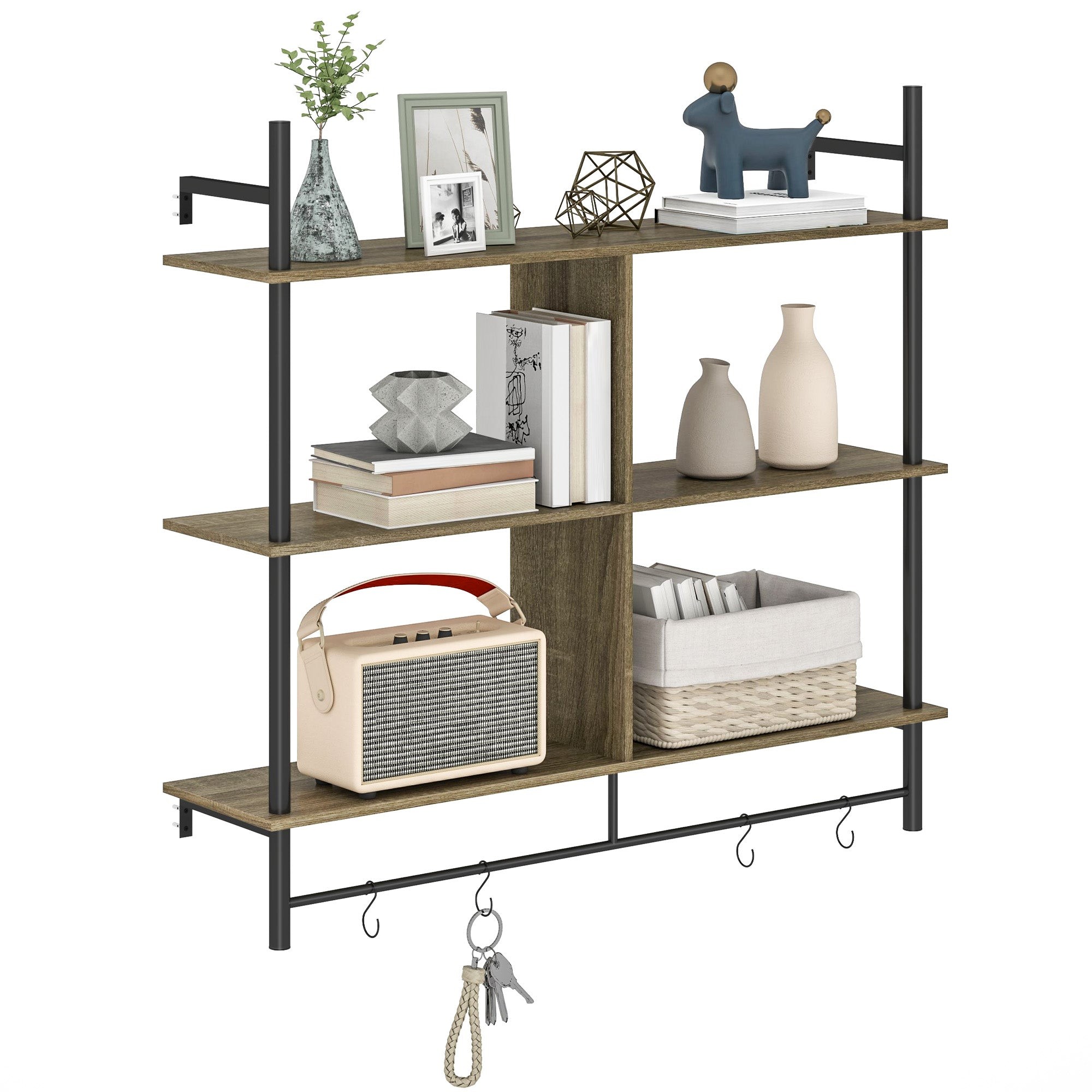 Rustic grey wall shelving unit with four hooks, featuring wooden shelves, decorative items like vases and books, and a stylish radio, ideal for living rooms or entryways.