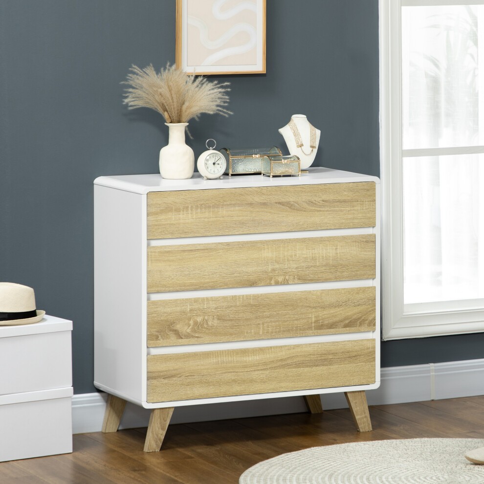 HOMCOM chest of drawers featuring four spacious drawers with oak wood fronts and a sleek white body, complemented by wooden legs, ideal for bedroom storage.