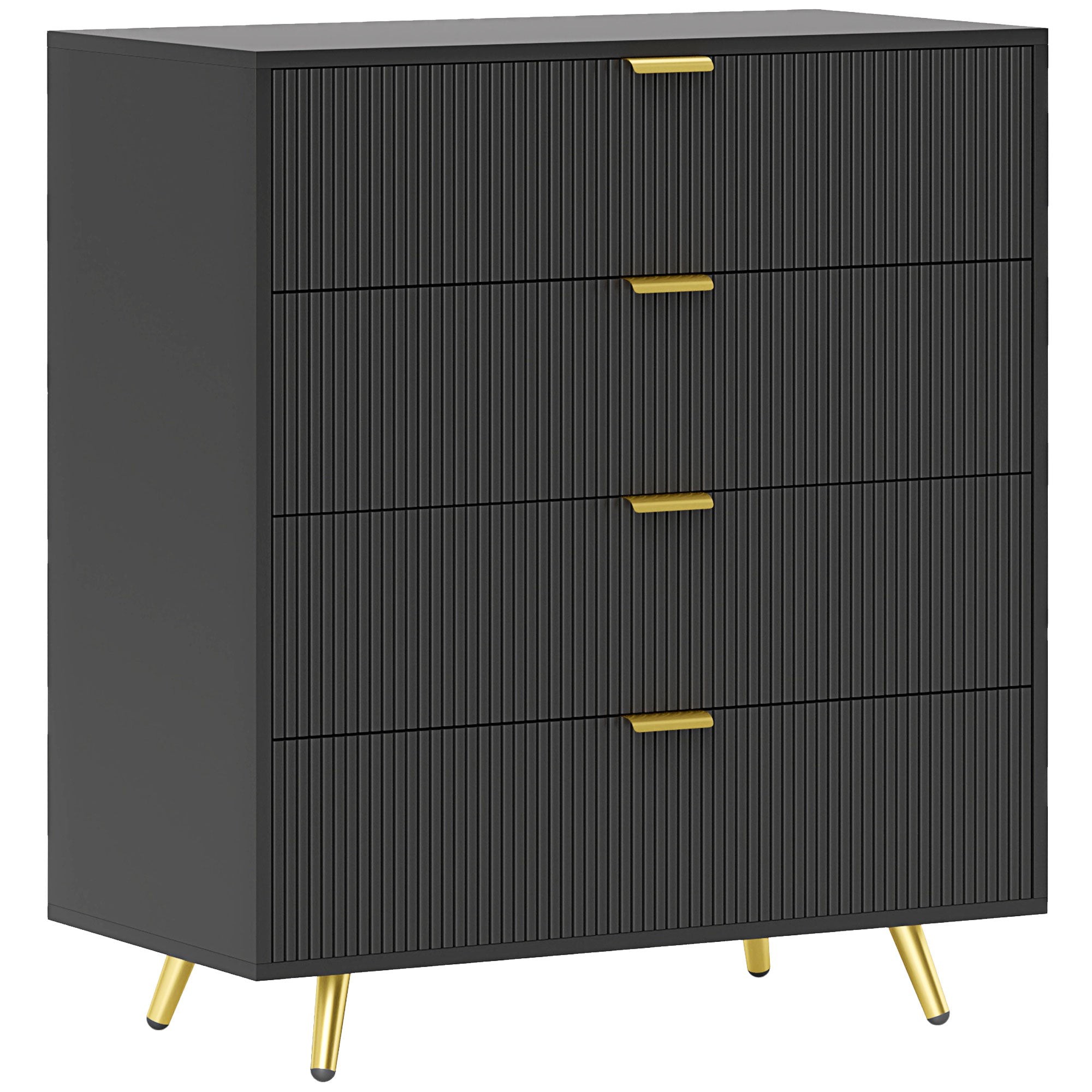White chest of drawers featuring four ribbed drawers, sleek gold handles, and tapered gold legs, suitable for bedroom or living room use.