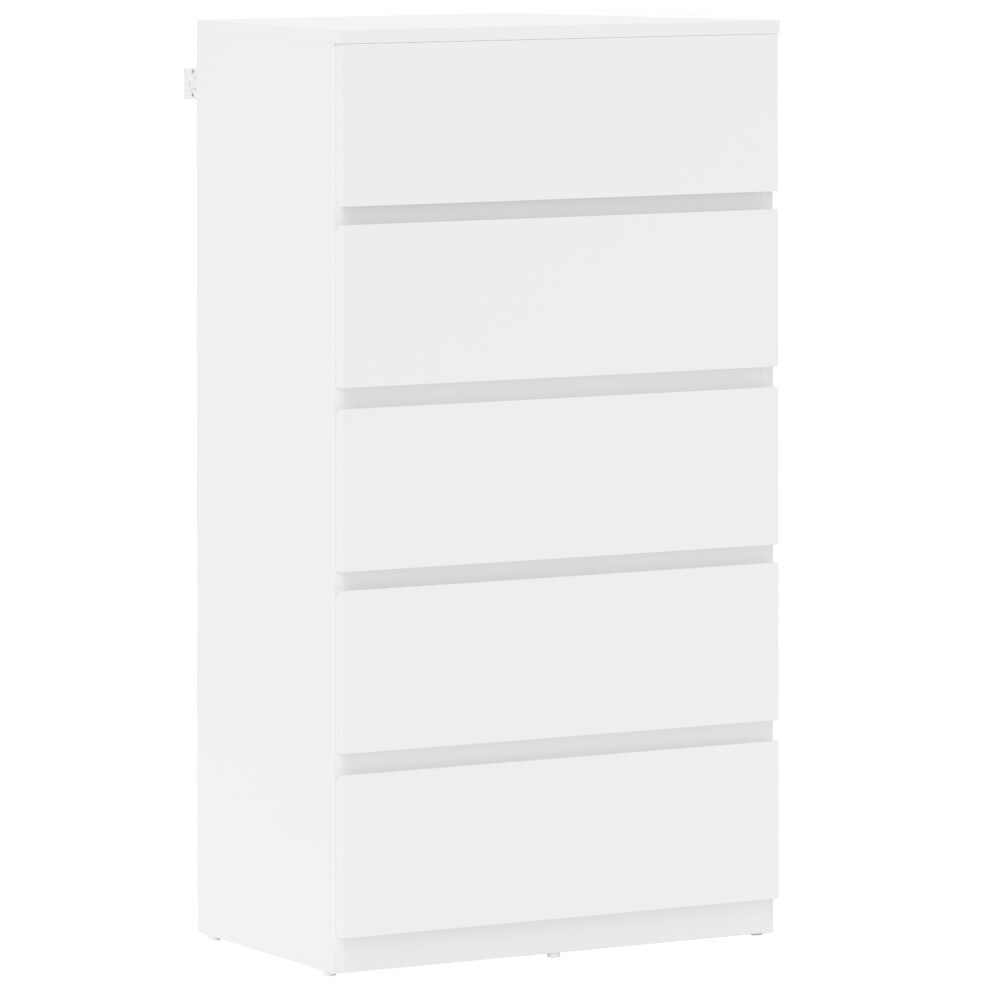White wooden chest of drawers featuring five spacious drawers with a sleek, minimalist design, perfect for bedroom storage.