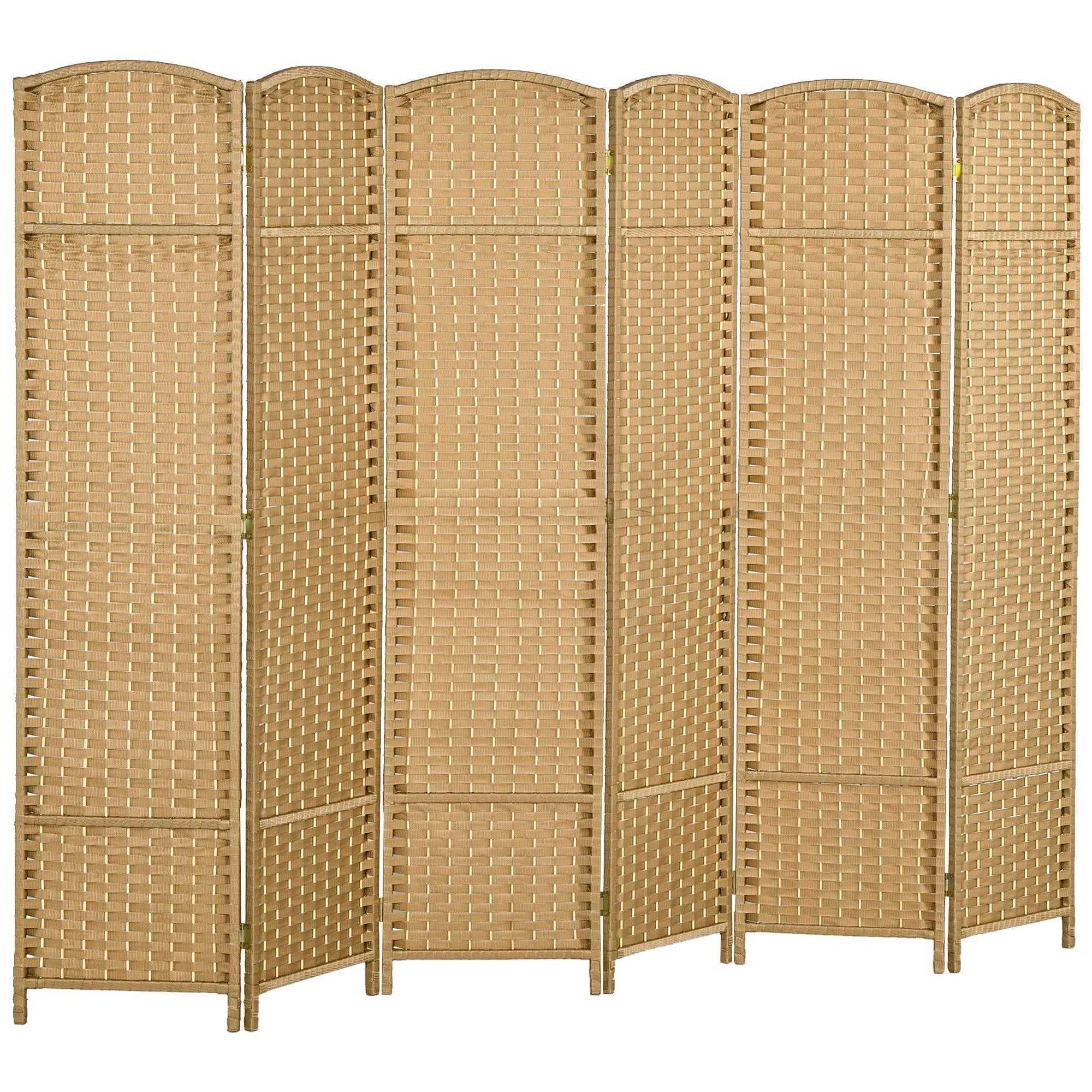 Natural-colored, six-panel folding room divider made of woven material, featuring an arched top design and a height of 240 cm and width of 170 cm, ideal for privacy.