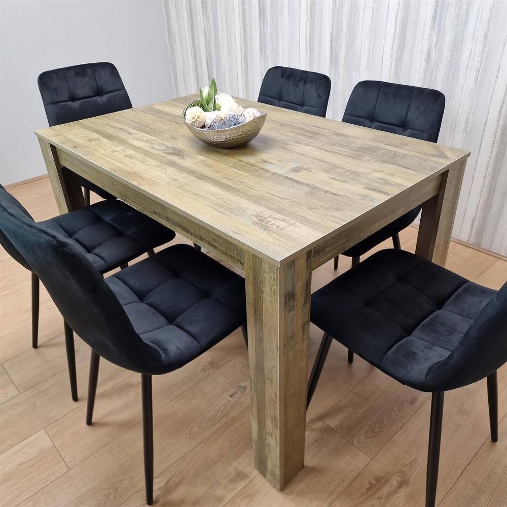 Portland 6 Seater Dining Set Rustic Effect and Black Velvet - image 5