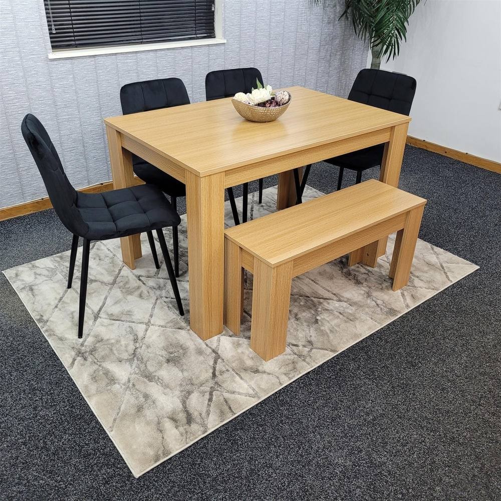 Portland 6 Seater Square Velvet Dining Table Set Oak Effect and Black - image 2