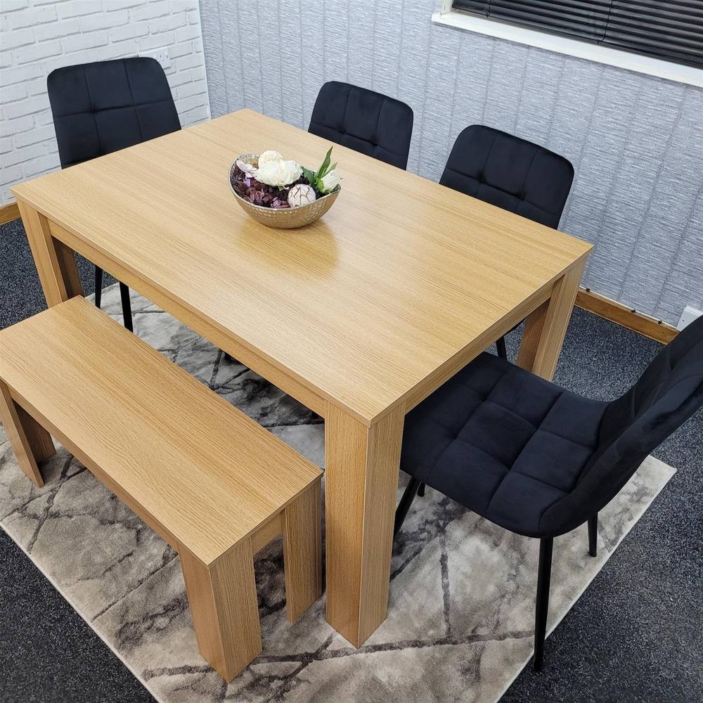 Portland 6 Seater Square Velvet Dining Table Set Oak Effect and Black - image 3