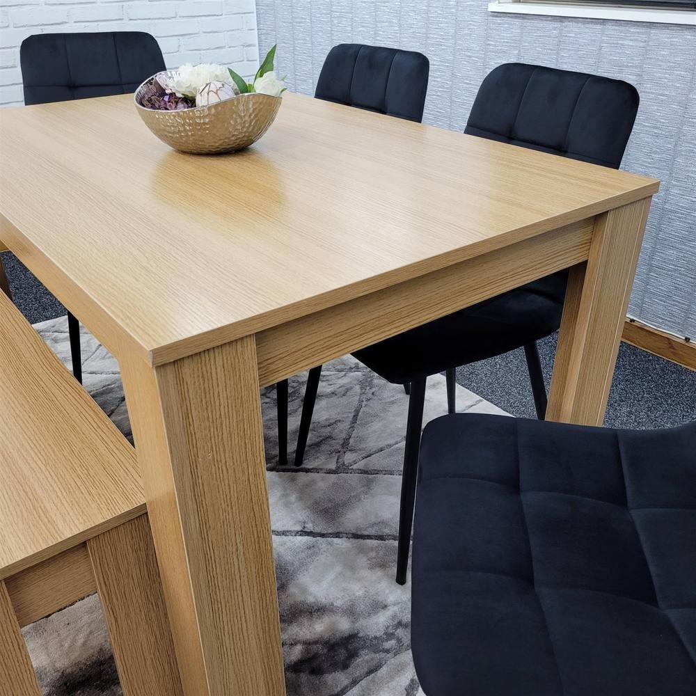 Portland 6 Seater Square Velvet Dining Table Set Oak Effect and Black - image 4