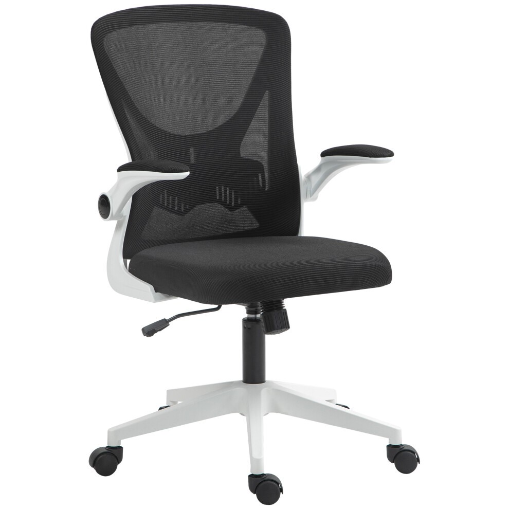 Ergonomic office chair featuring a black mesh back, white frame, flip-up armrests, and lumbar support, designed for comfort and mobility on rolling casters.
