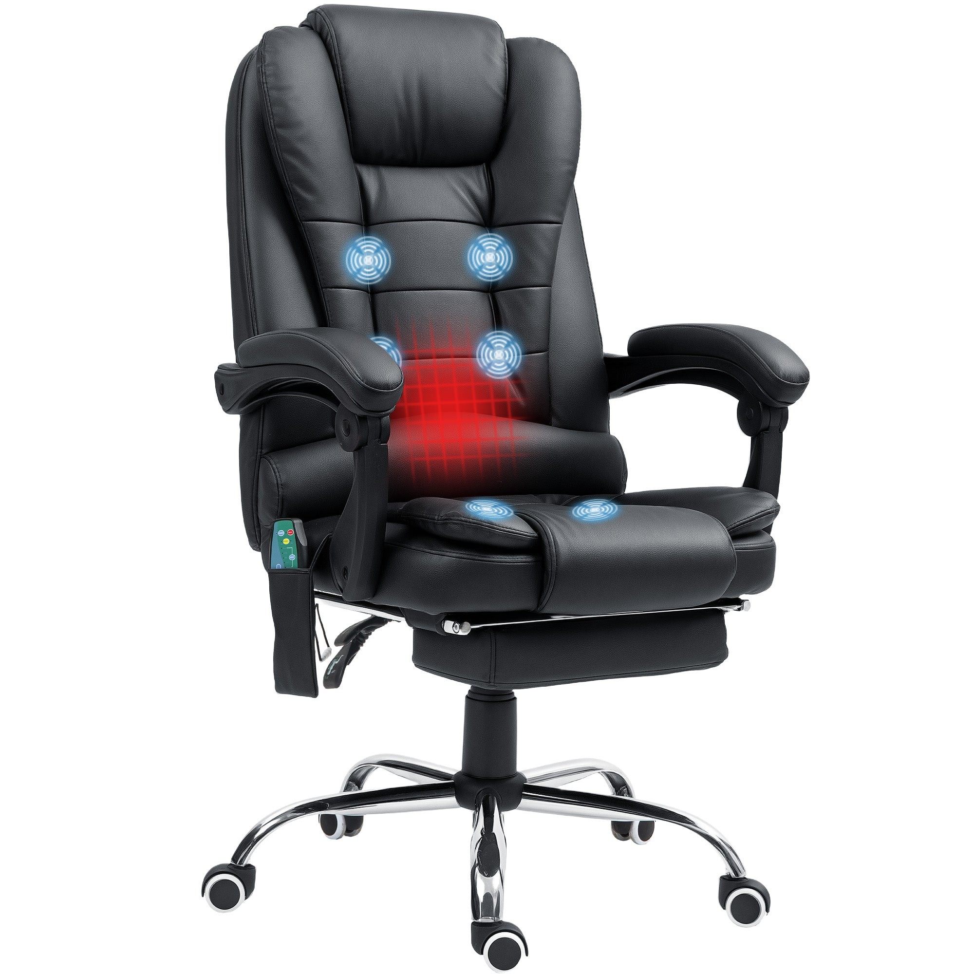 Black PU leather ergonomic office chair featuring six-point vibration massage, heated back support, and chrome base with rolling wheels.