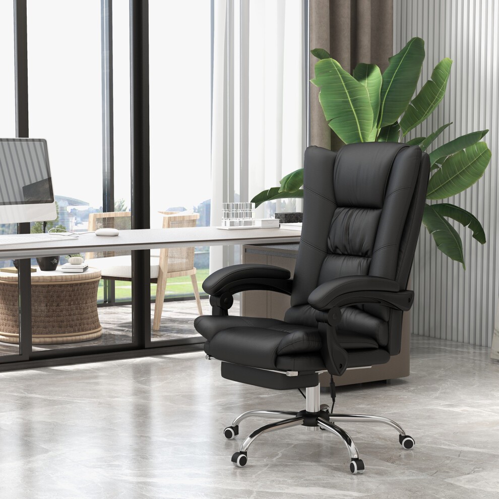 Black PU leather office chair with vibration massage and heat features, chrome base, ergonomic design, and plush padding, set in a modern office environment with large windows.