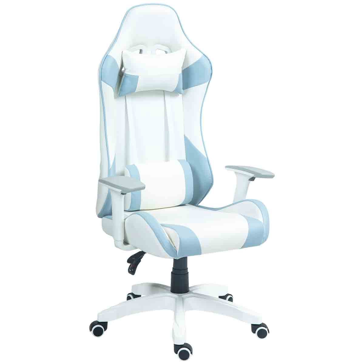 Light blue and white HOMCOM Racing Gaming Chair features a high back, adjustable headrest, lumbar support, and a five-star base with rolling casters, designed for gaming comfort.