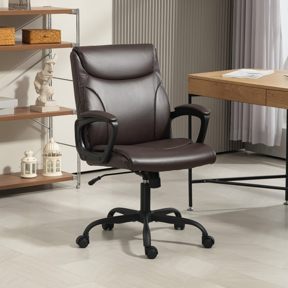 Brown faux leather desk chair with a tilt function, featuring padded armrests, a high back, and a five-wheel base, set against a stylish home office backdrop.