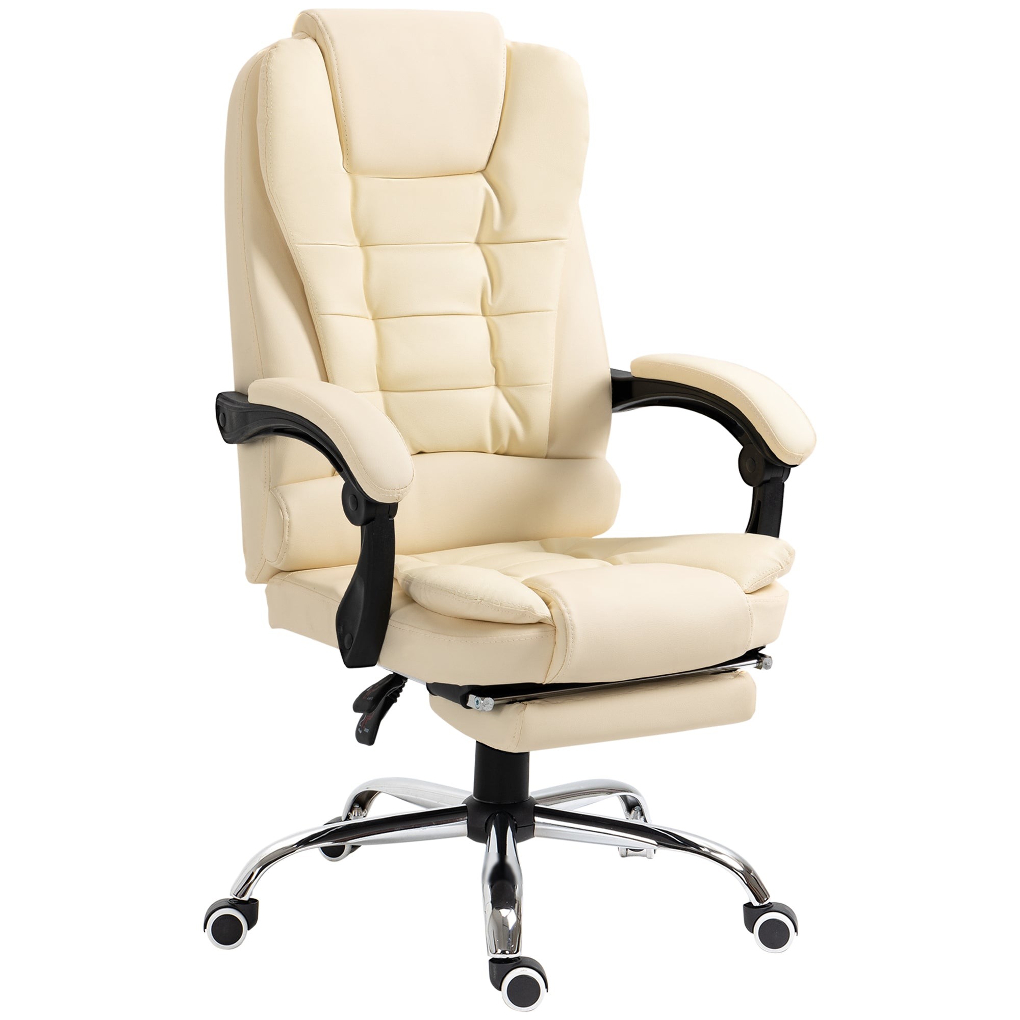 Cream-colored HOMCOM Executive Office Chair features a padded design, adjustable height, reclining backrest, and a footrest, set on a chrome base with rolling wheels.