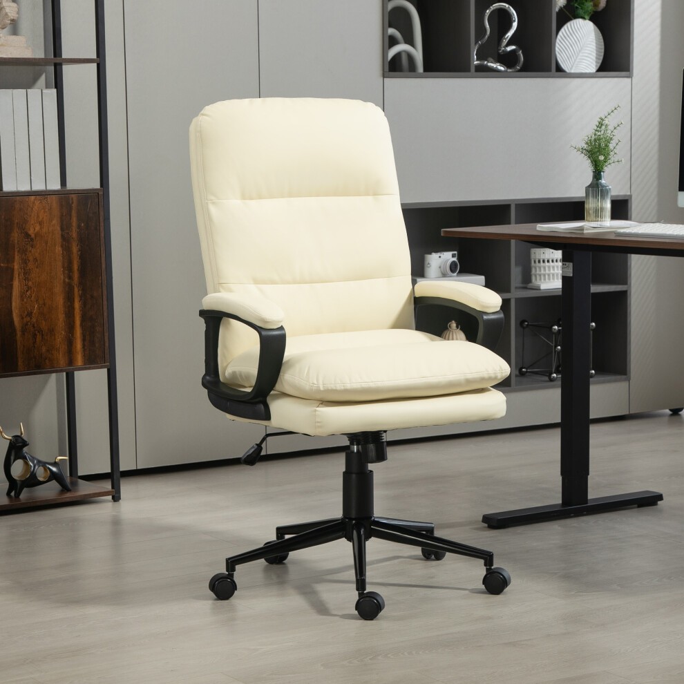 Cream white PU leather office chair with adjustable height and armrests, featuring a sleek design and a five-star base on rolling casters, set in a modern office environment.