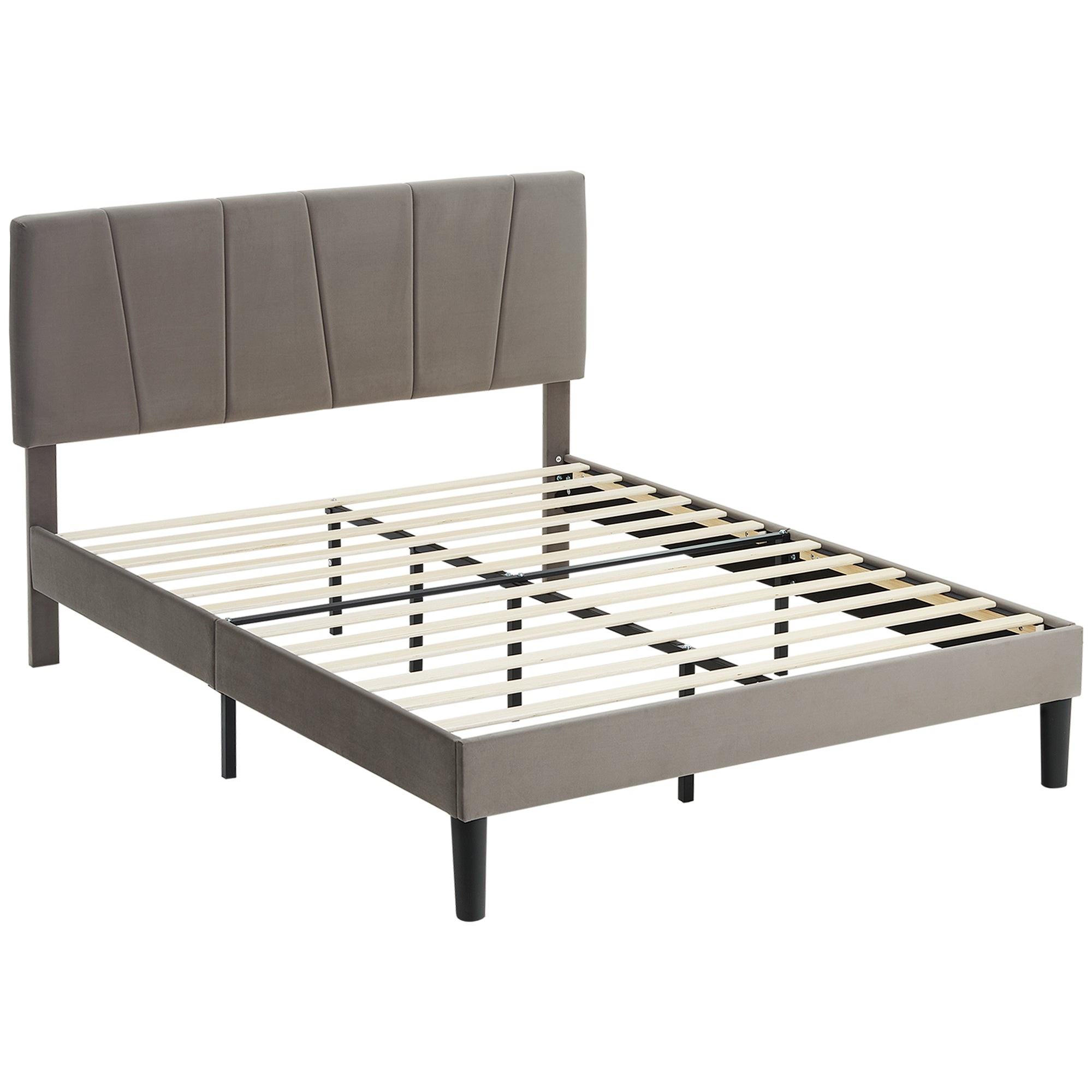 Grey velvet bed frame featuring a 5-level adjustable headboard and wooden slats for mattress support, with sleek black legs for a modern touch.