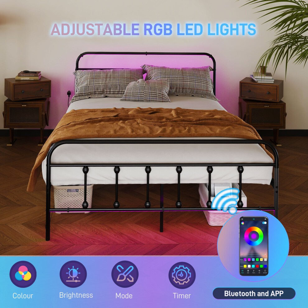 Portland Double Black Bed Frame with LED Lights and Charging Station - image 3