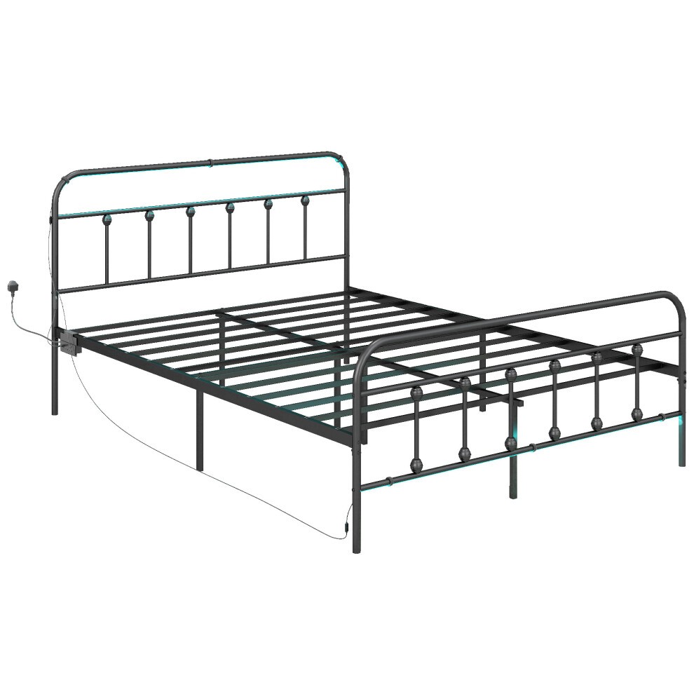 Black metal double bed frame featuring LED lights along the headboard and a built-in charging station, with a sturdy slatted base for mattress support.