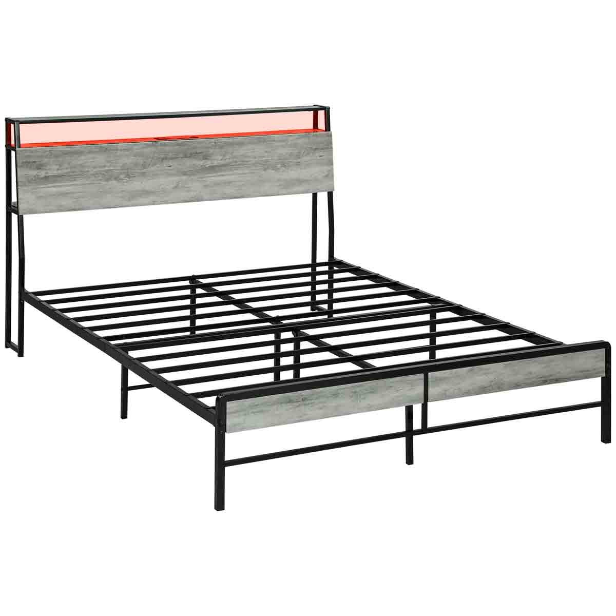 HOMCOM LED double bed frame in cement grey with a sleek metal structure, featuring a built-in charging station and a modern headboard design.