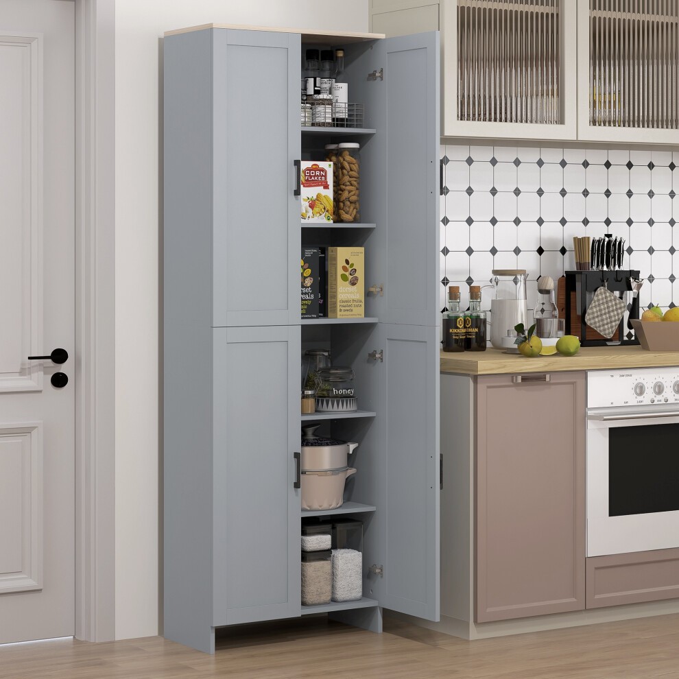 Modern grey kitchen cupboard storage cabinet featuring six shelves, sleek design, and double doors, positioned in a kitchen with white tiled backsplash and light-colored cabinetry.