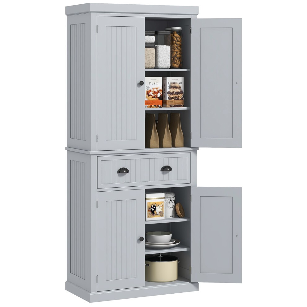 Freestanding grey kitchen storage cabinet with two upper doors, a central drawer, and two lower cupboards, featuring shelves for organization and a sleek, modern design.