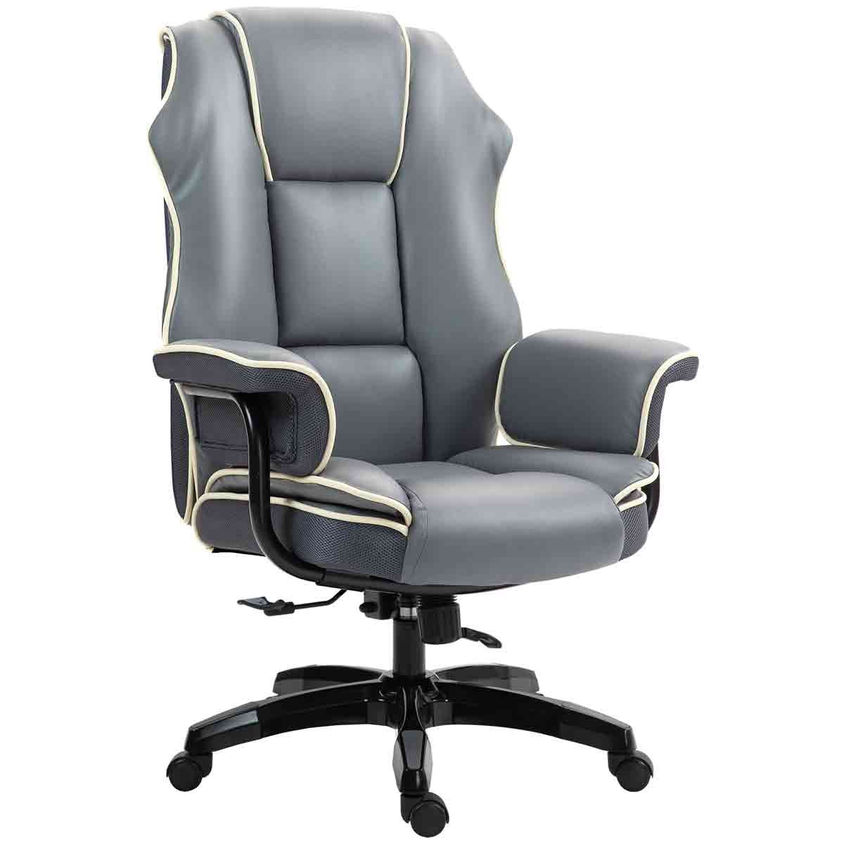 Vinsetto high back office chair in grey with cream piping, featuring a reclining function, height adjustment, and a five-star base with wheels for mobility.