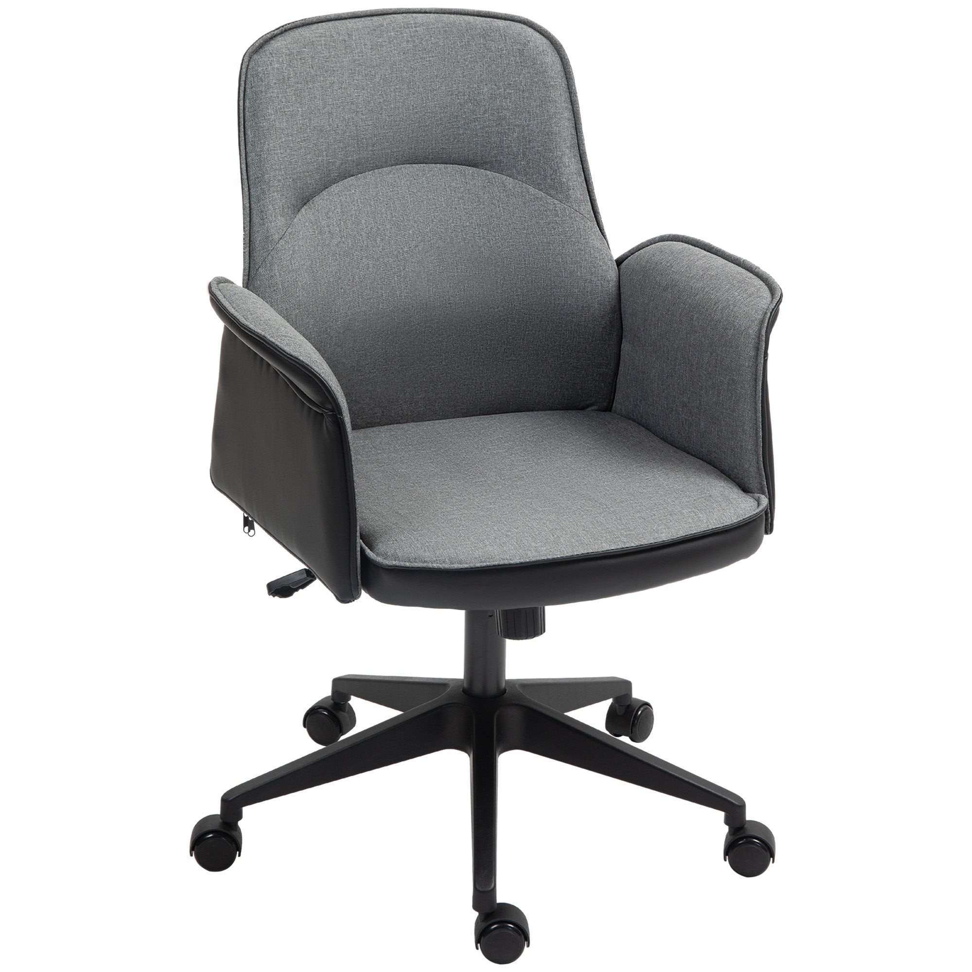 Grey linen office chair with a cushioned seat, curved backrest, and adjustable height, featuring a black base and rolling wheels for mobility.