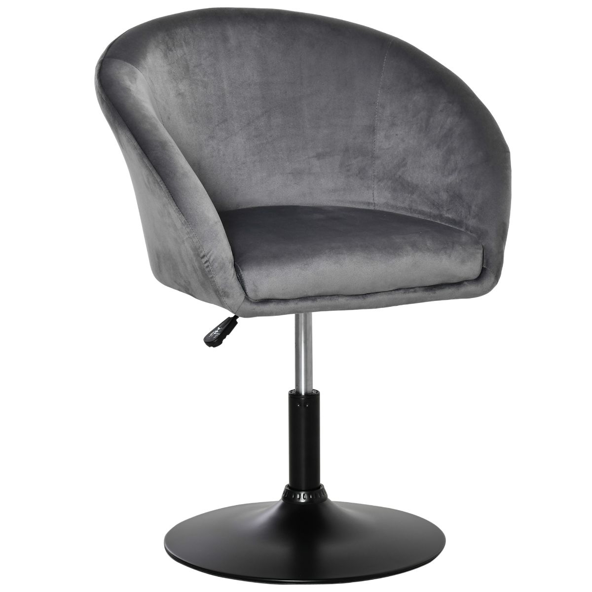 Grey fabric swivel bar stool with a tub seat design, adjustable height, and a sleek black base, perfect for dining or dressing areas.