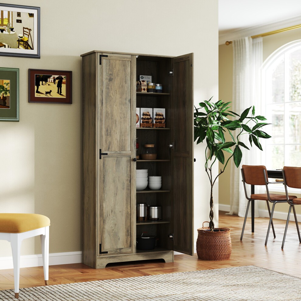Tall grey wood-effect kitchen cupboard with two doors, showcasing shelves filled with dishes and jars, set against a light-colored wall in a cozy dining space.