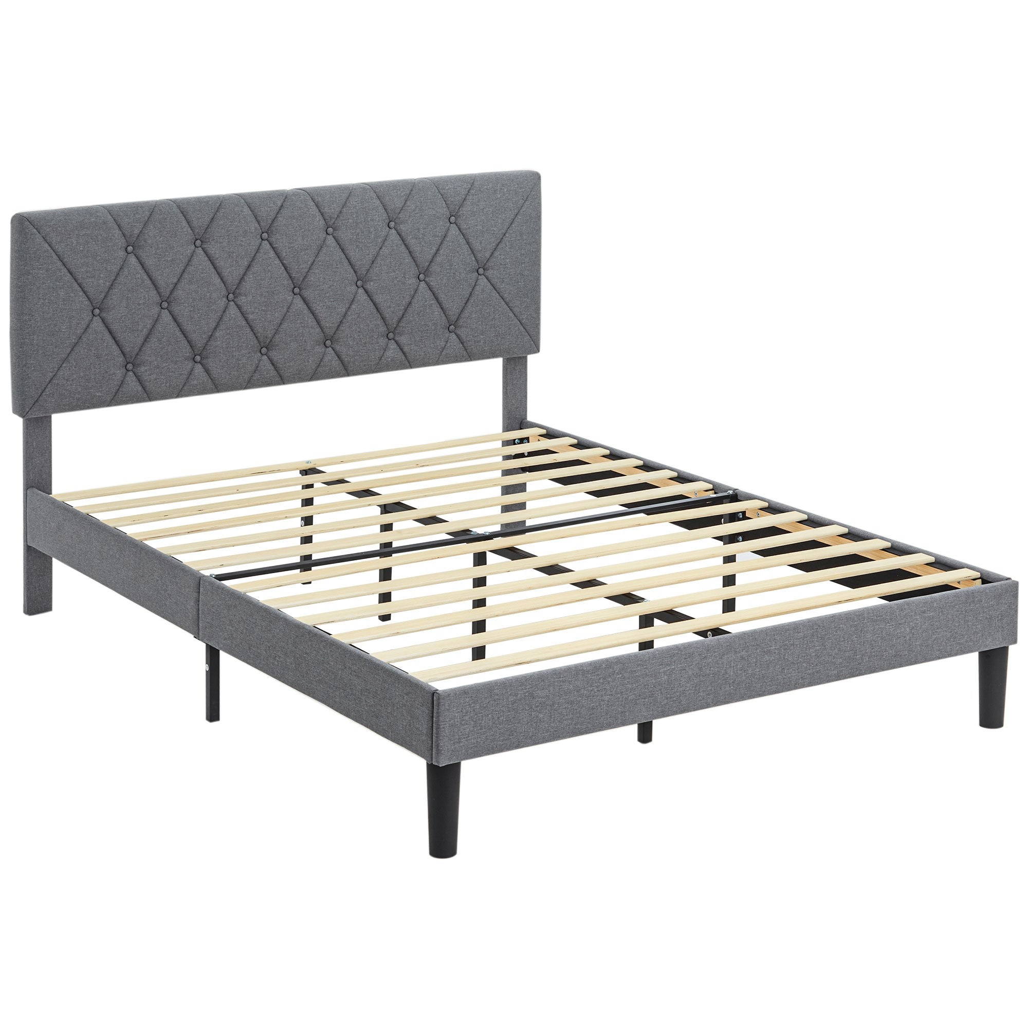 King-sized bed frame in grey linen with a 5-level adjustable tufted headboard and wooden slats for support, featuring sturdy black legs.