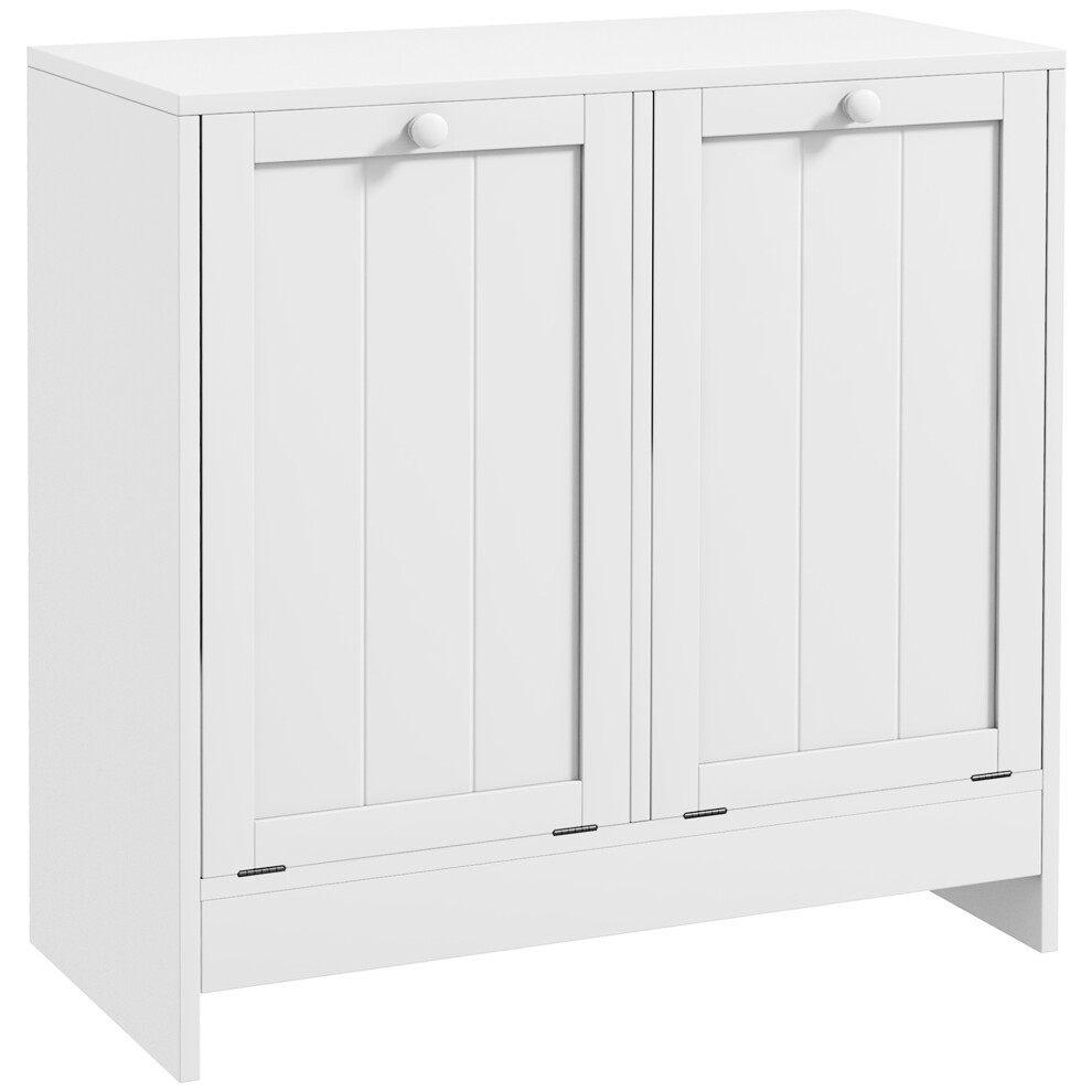 White wooden laundry storage cabinet featuring two tilt-out compartments for hampers, with a smooth finish and simple round knobs.
