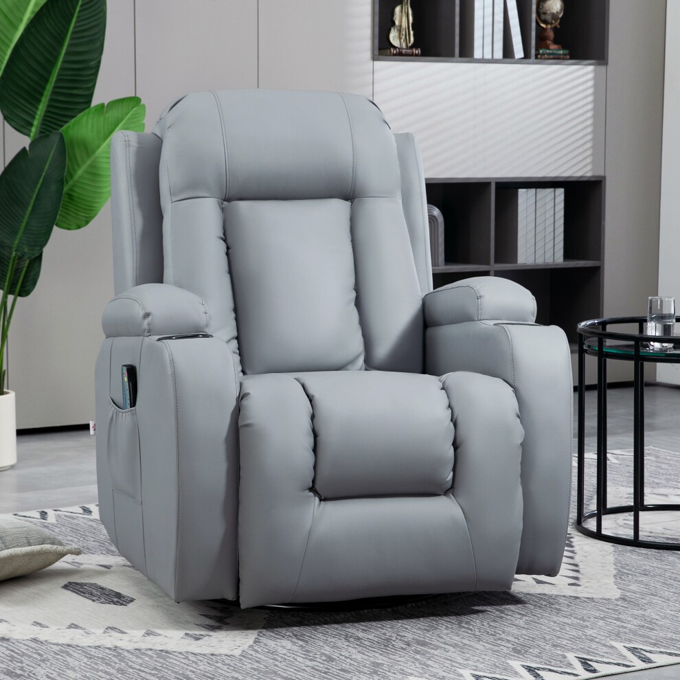 Light grey manual recliner chair with plush cushioning, featuring 8 vibration settings and heat function, set against a modern interior backdrop with dark grey accents.