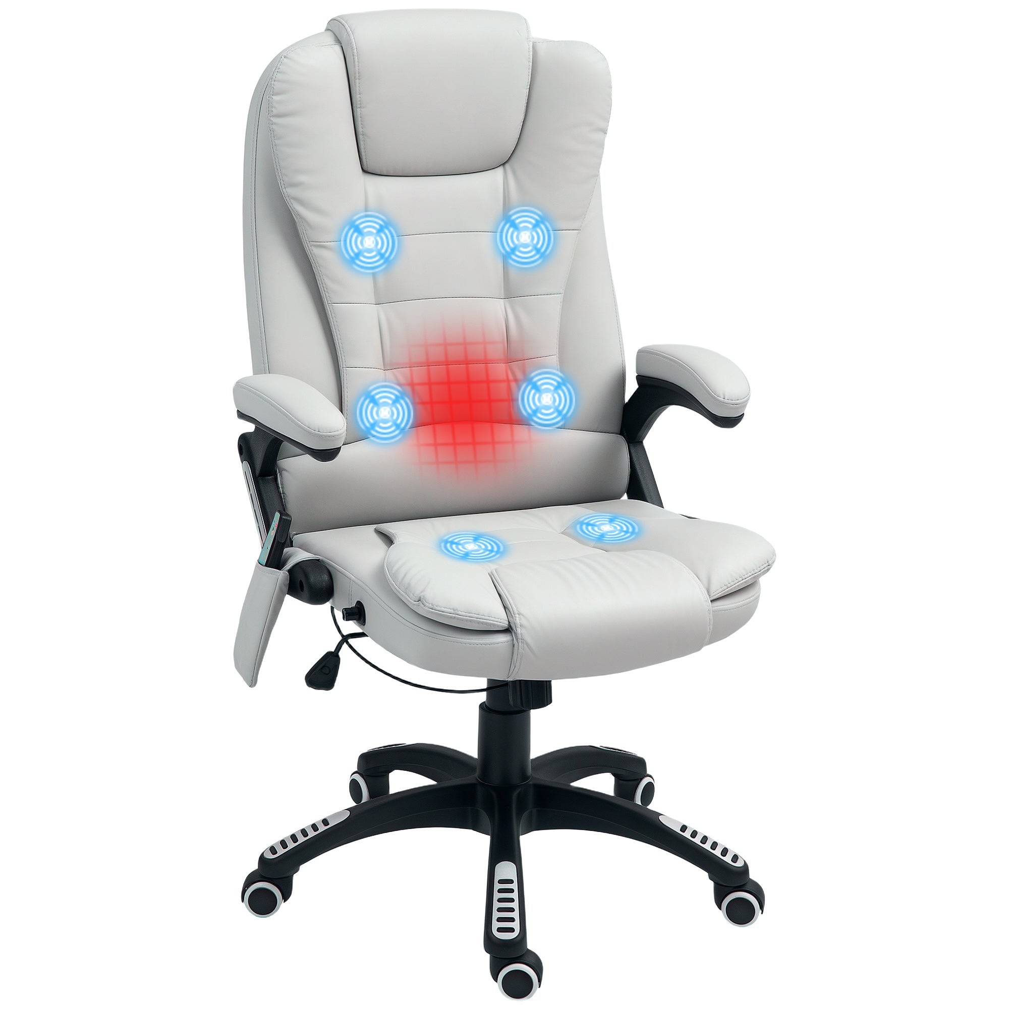 Light grey heated vibrating massage chair with a reclining function, padded seat and backrest, adjustable armrests, and a black five-point base with wheels.