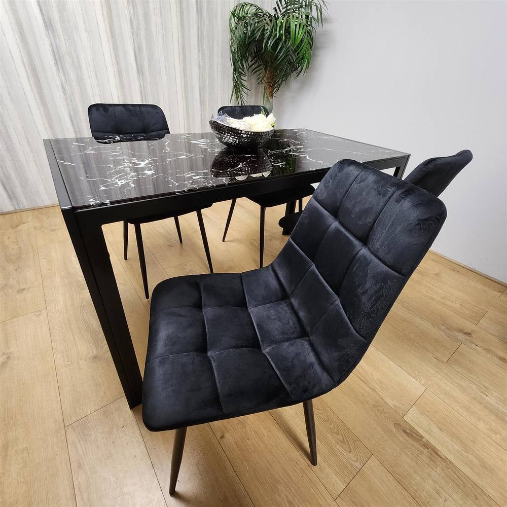 Portland Marble Effect Glass 4 Seater Velvet Dining Set Black - image 3