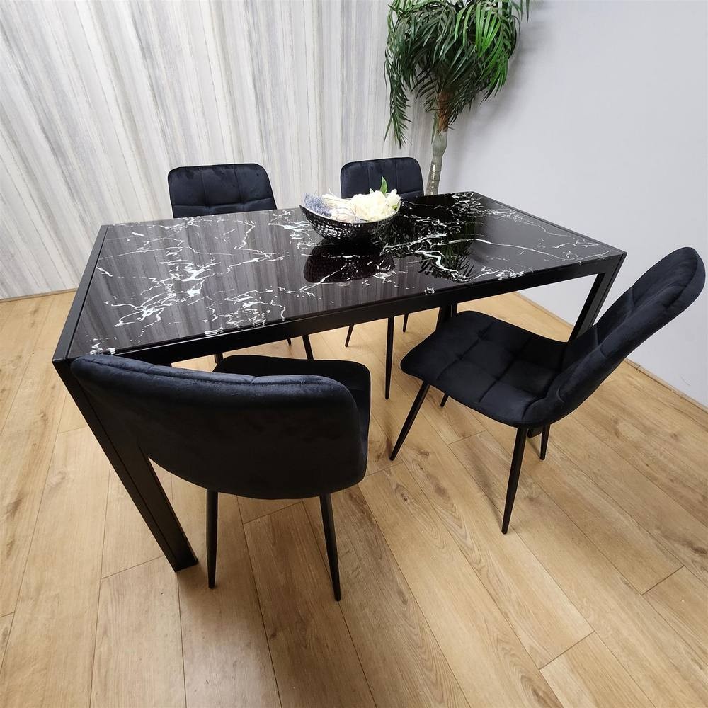 Portland Marble Effect Glass 4 Seater Velvet Dining Set Black - image 4