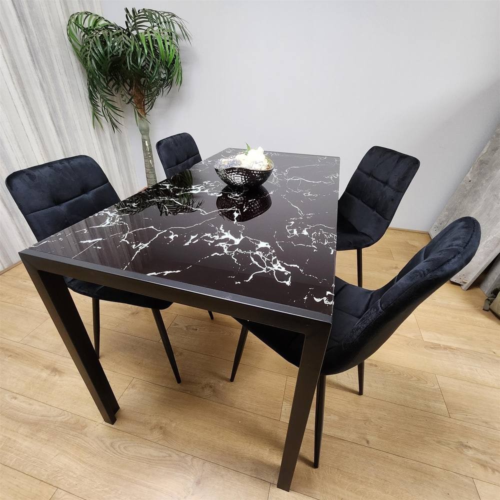 Portland Marble Effect Glass 4 Seater Velvet Dining Set Black - image 5