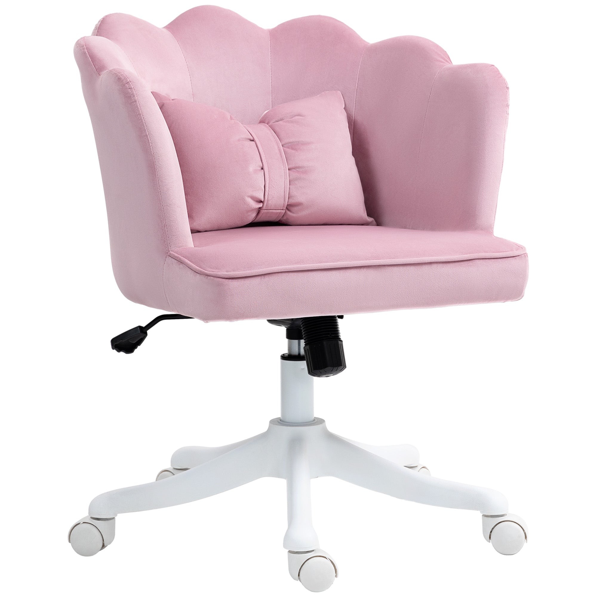 Armless pink velvet desk chair with a wide seat, scalloped backrest, and two matching cushions, featuring a white base and rolling wheels for mobility.