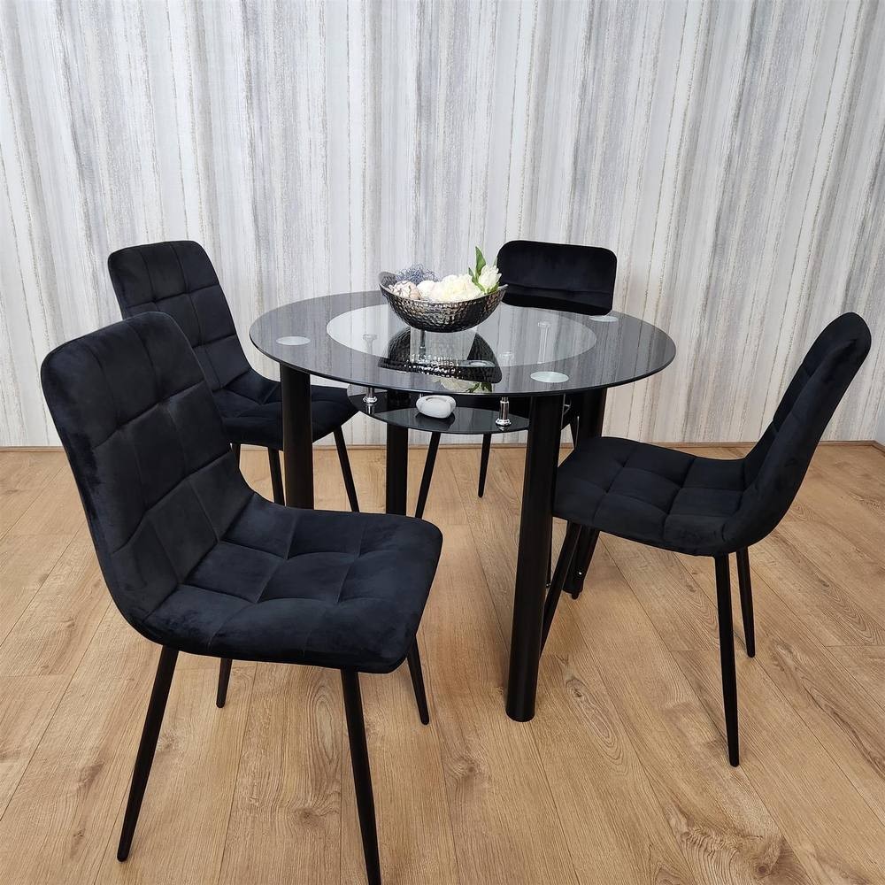 Portland Rocco 4 Seater Round Glass Velvet Dining Set Black - image 2