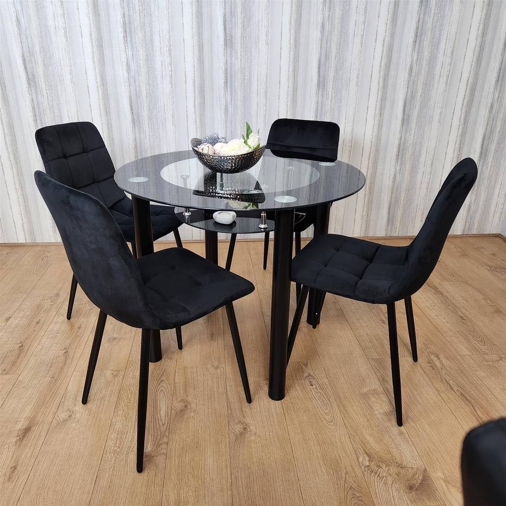 Portland Rocco 4 Seater Round Glass Velvet Dining Set Black - image 3