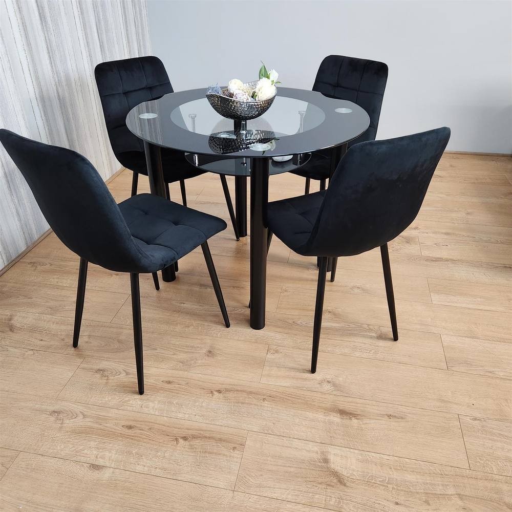 Portland Rocco 4 Seater Round Glass Velvet Dining Set Black - image 4