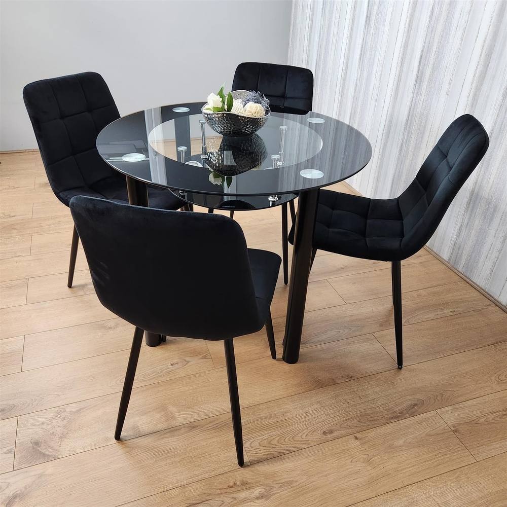 Portland Rocco 4 Seater Round Glass Velvet Dining Set Black - image 5