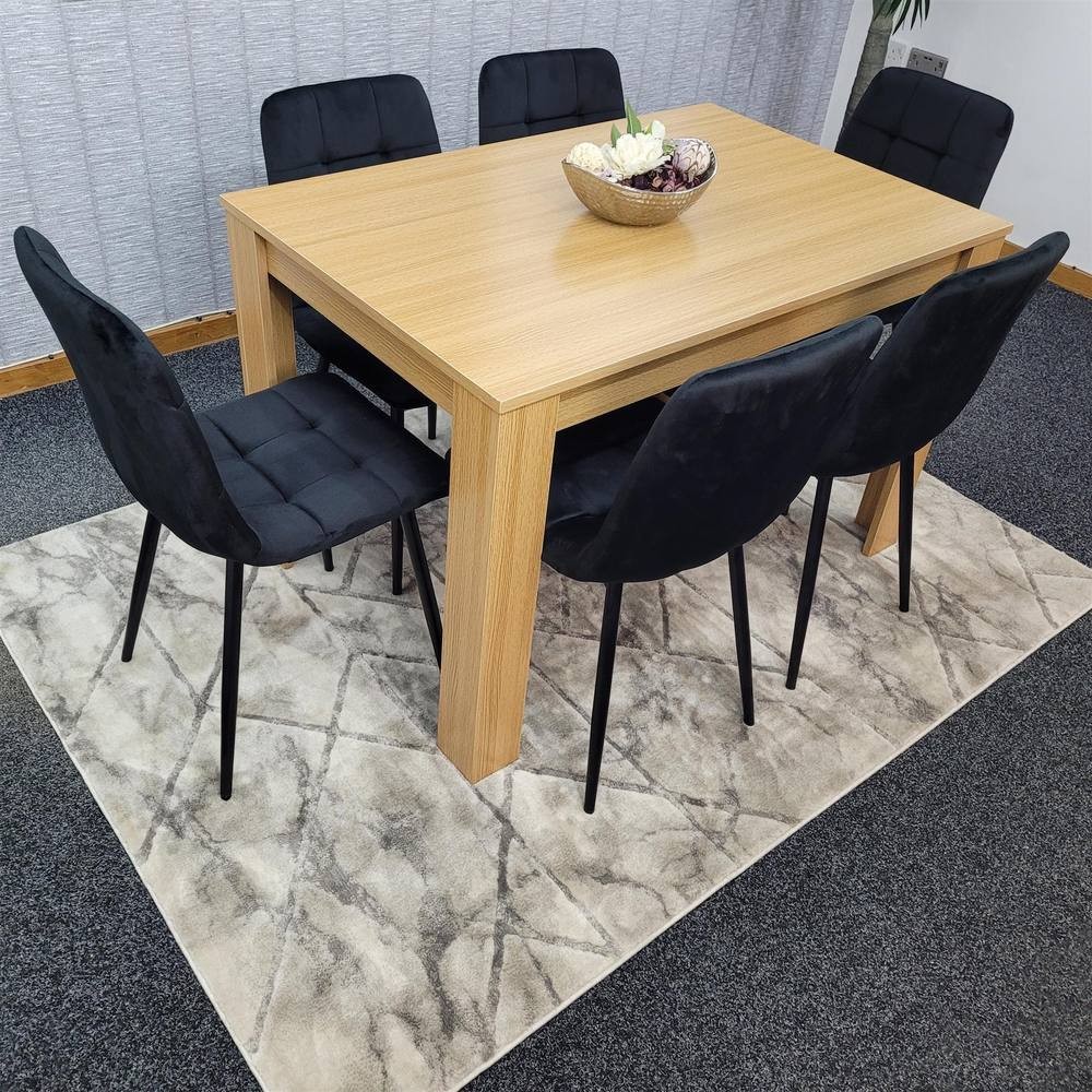 Portland Rocco 6 Seater Velvet Dining Set Wooden Oak Effect and Black - image 2