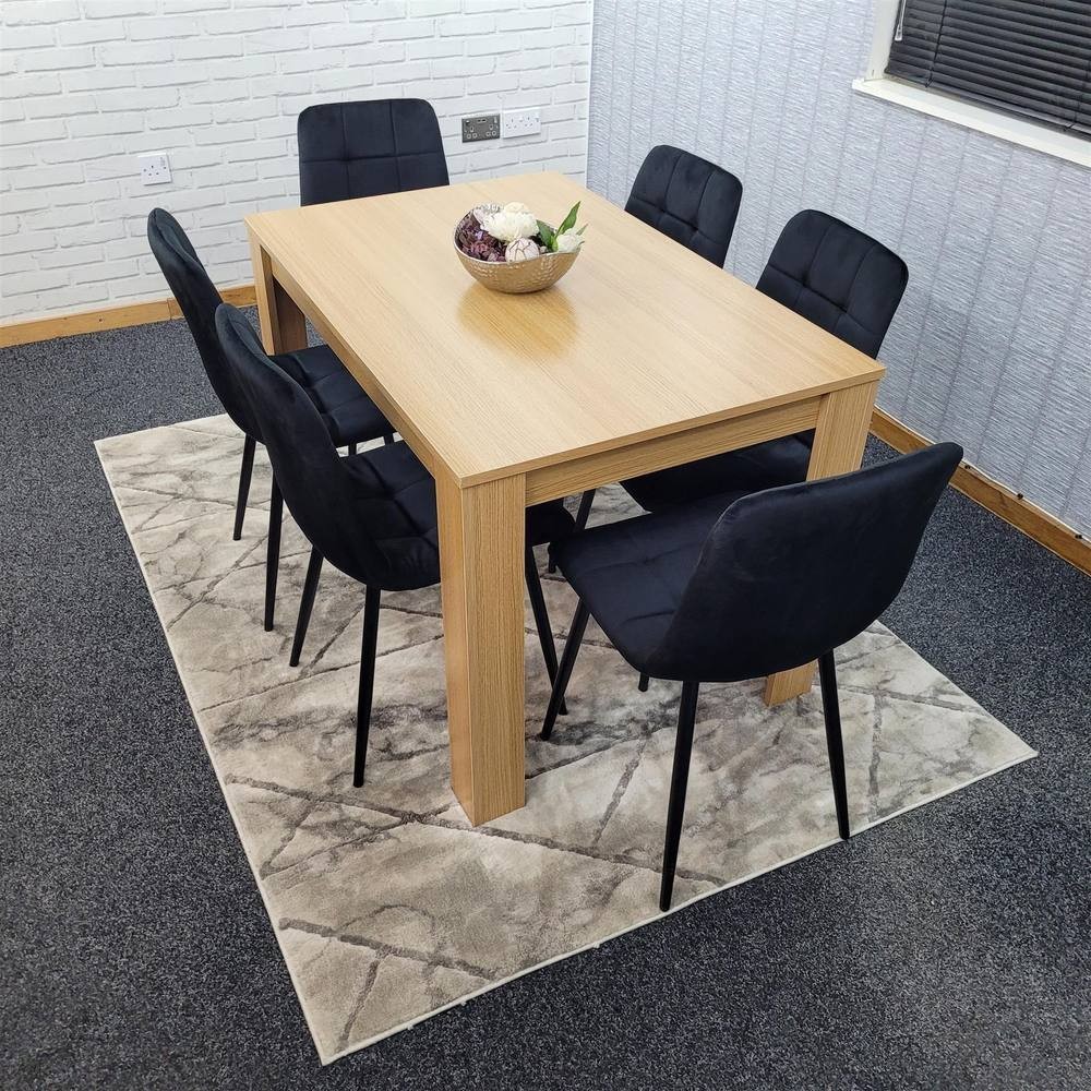 Portland Rocco 6 Seater Velvet Dining Set Wooden Oak Effect and Black - image 4