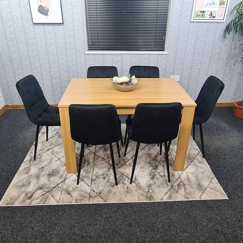 Portland Rocco 6 Seater Velvet Dining Set Wooden Oak Effect and Black - image 5