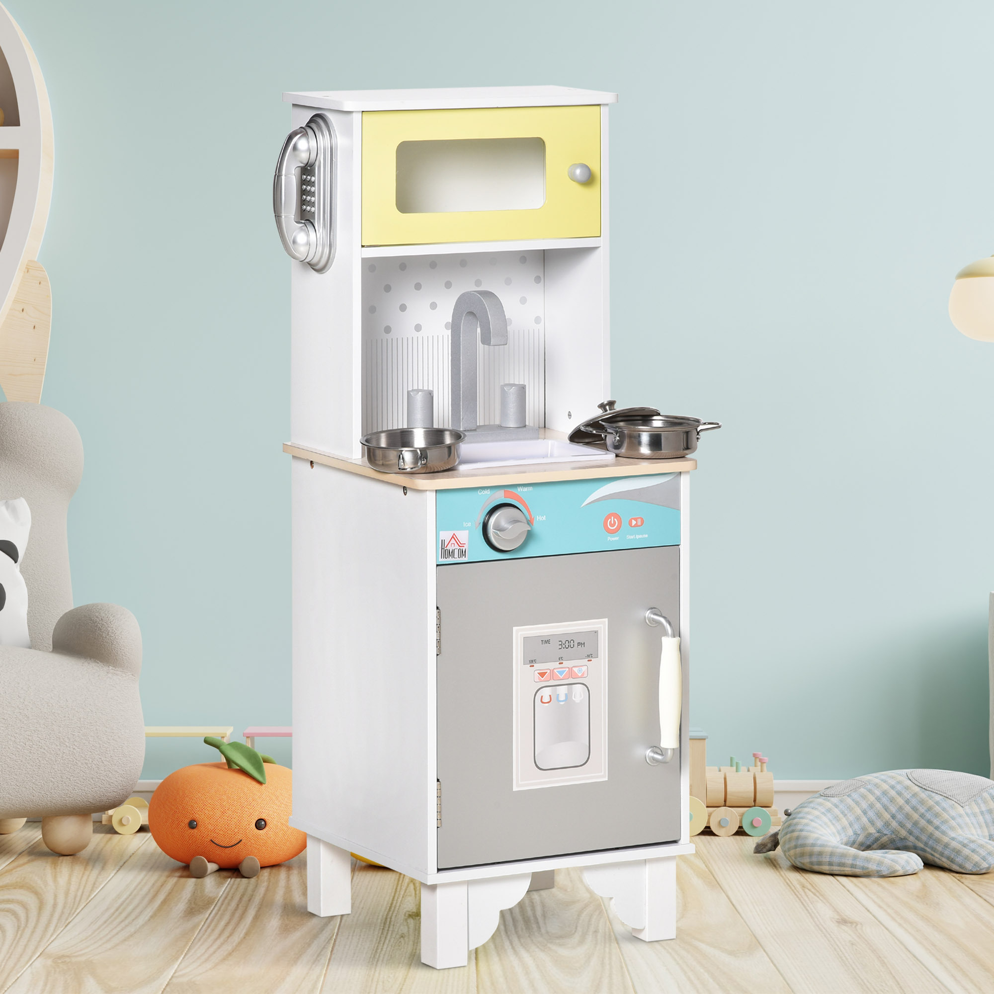 Colorful wooden kitchen playset featuring a sink, telephone, pots, and multiple storage compartments, designed for children’s role play in a light, cheerful room.