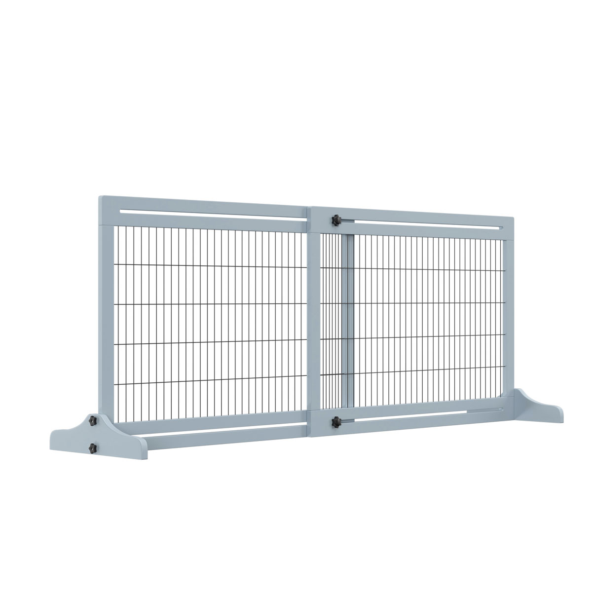 Adjustable freestanding dog barrier in grey wood with metal wire mesh, featuring a sturdy design and two support feet for stability, ideal for doorways.