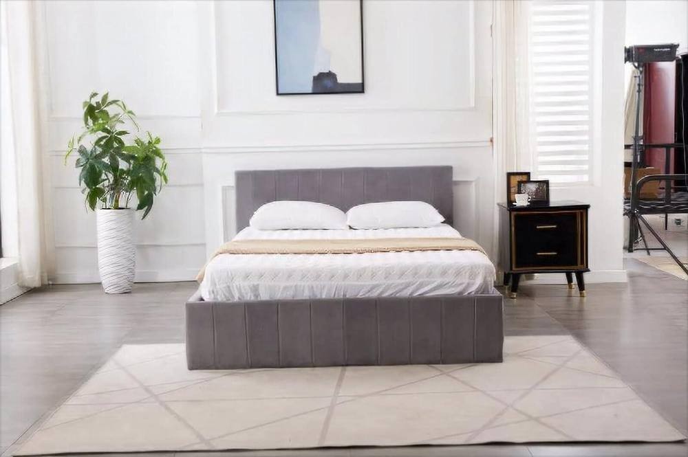 Portland Single Grey Line Pattern Velvet Ottoman Bed with Mattress - image 3