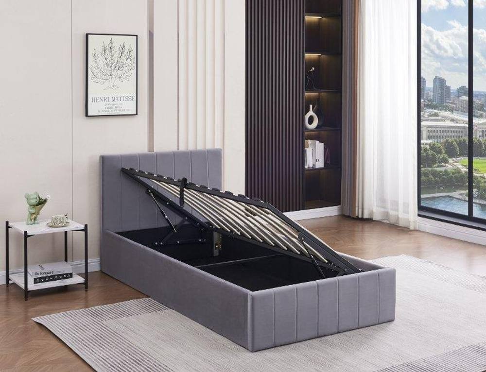 Portland Single Grey Line Pattern Velvet Ottoman Bed with Mattress - image 4