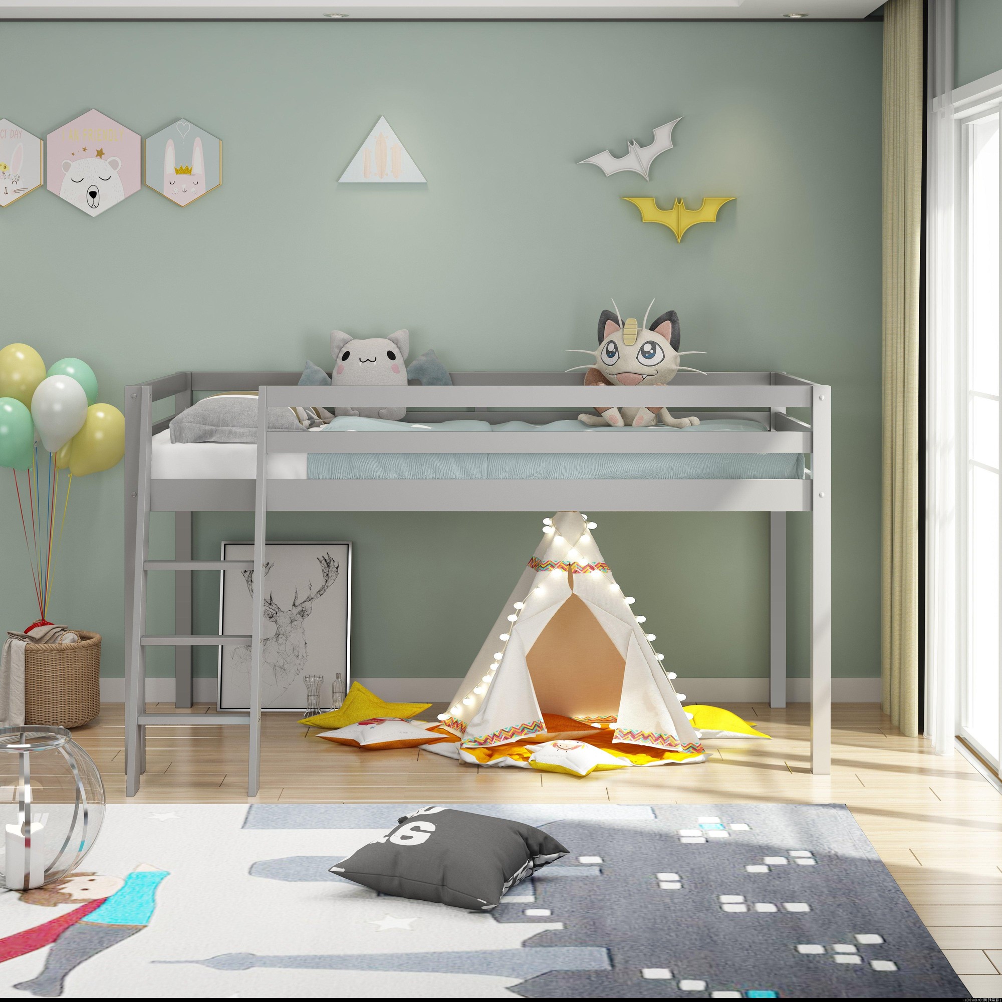 Mid sleeper bed in grey wood with a 3FT single mattress, featuring a ladder, plush toys, and a cozy play tent beneath, set in a bright children's room with pastel decor.
