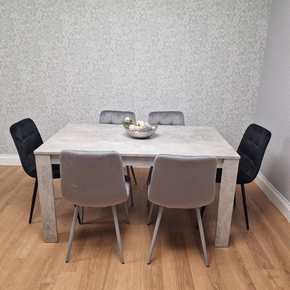 Grey dining table set featuring a rectangular tabletop with a textured finish, accompanied by six sleek, modern chairs in contrasting grey and black upholstery.