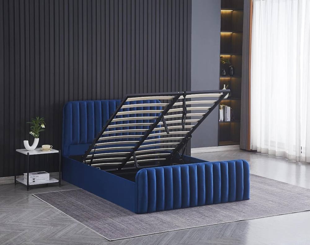 Portland Wave Double Blue Velvet Ottoman Bed with Mattress - image 3