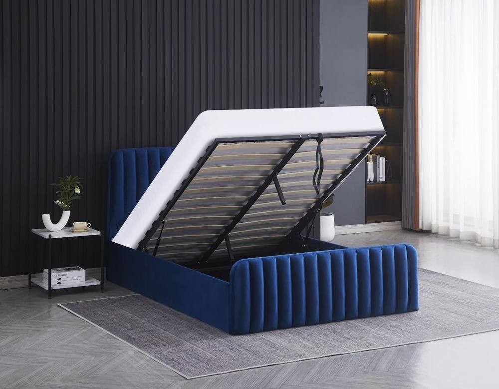 Portland Wave Double Blue Velvet Ottoman Bed with Mattress - image 4